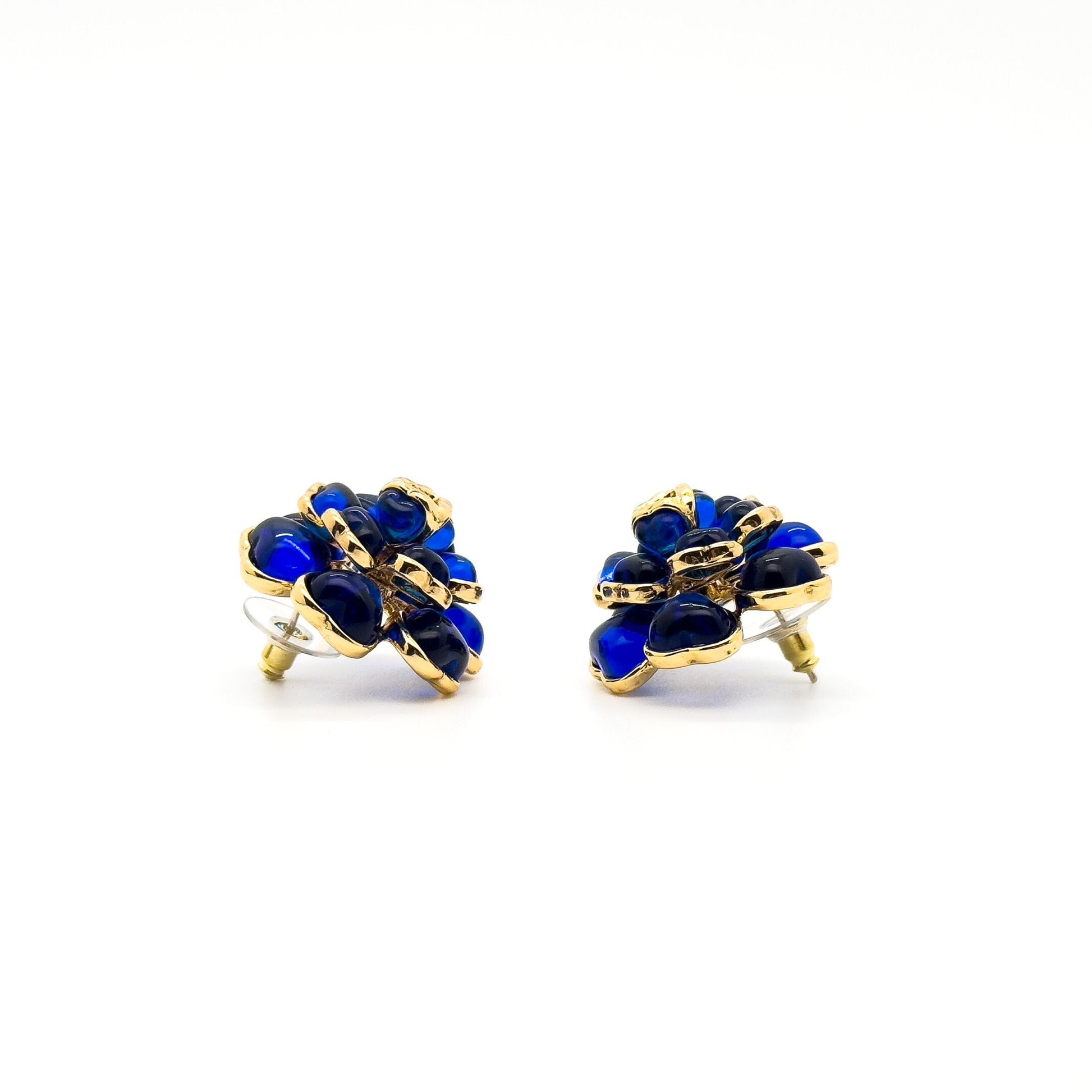 French Vintage Blue Floral Resin Stud Earrings, Gold-Plated Copper