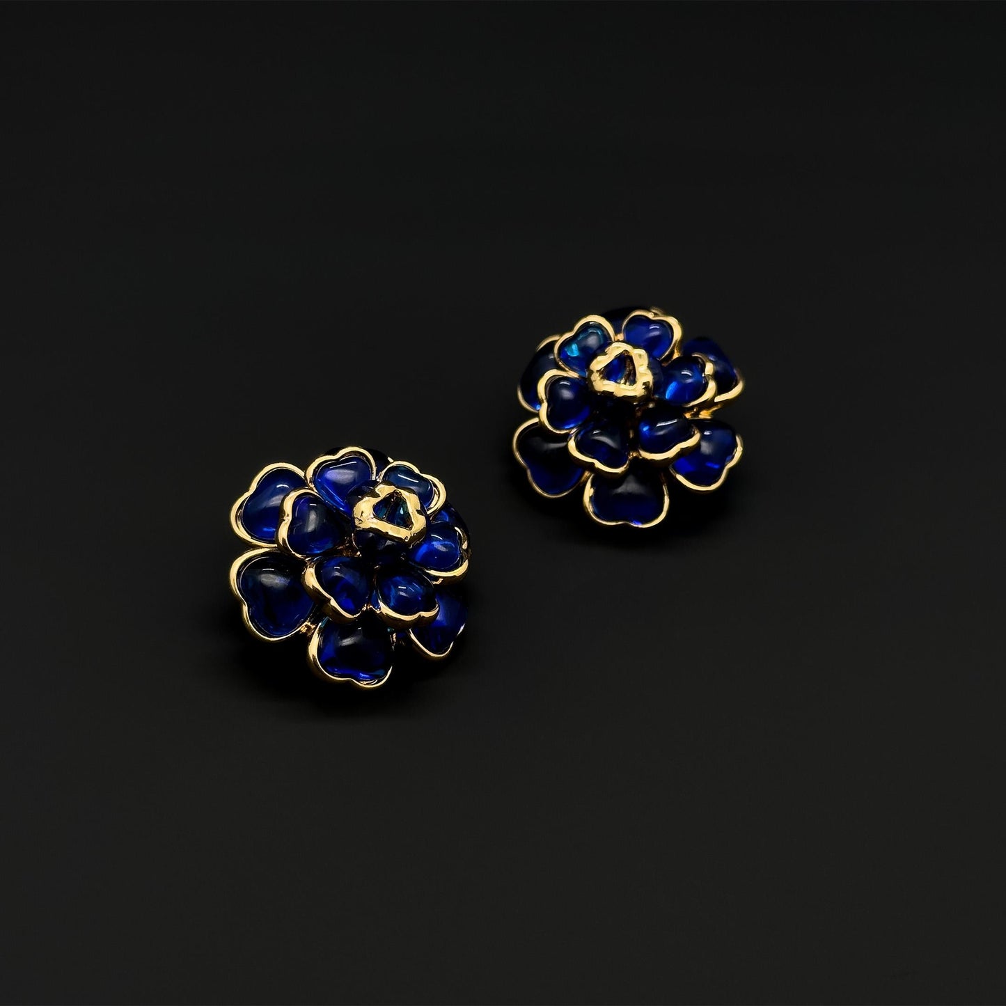 French Vintage Blue Floral Resin Stud Earrings, Gold-Plated Copper