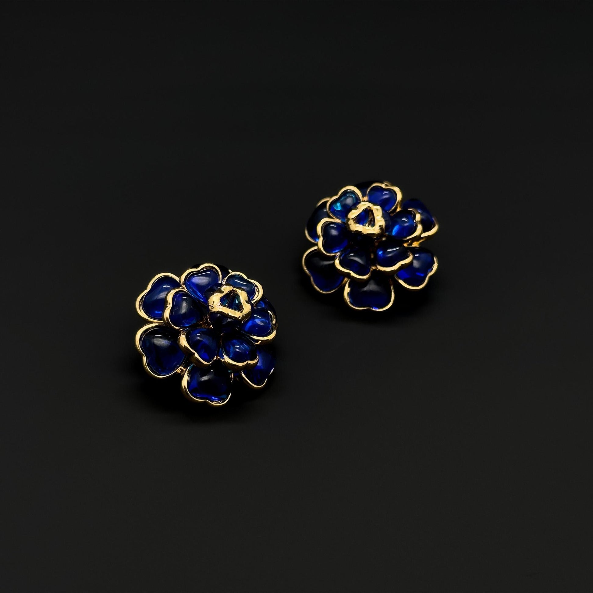 French Vintage Blue Floral Resin Stud Earrings, Gold-Plated Copper