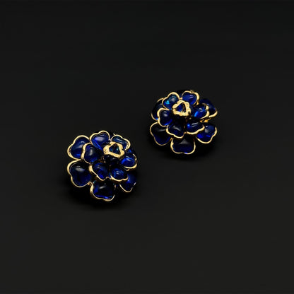 French Vintage Blue Floral Resin Stud Earrings, Gold-Plated Copper