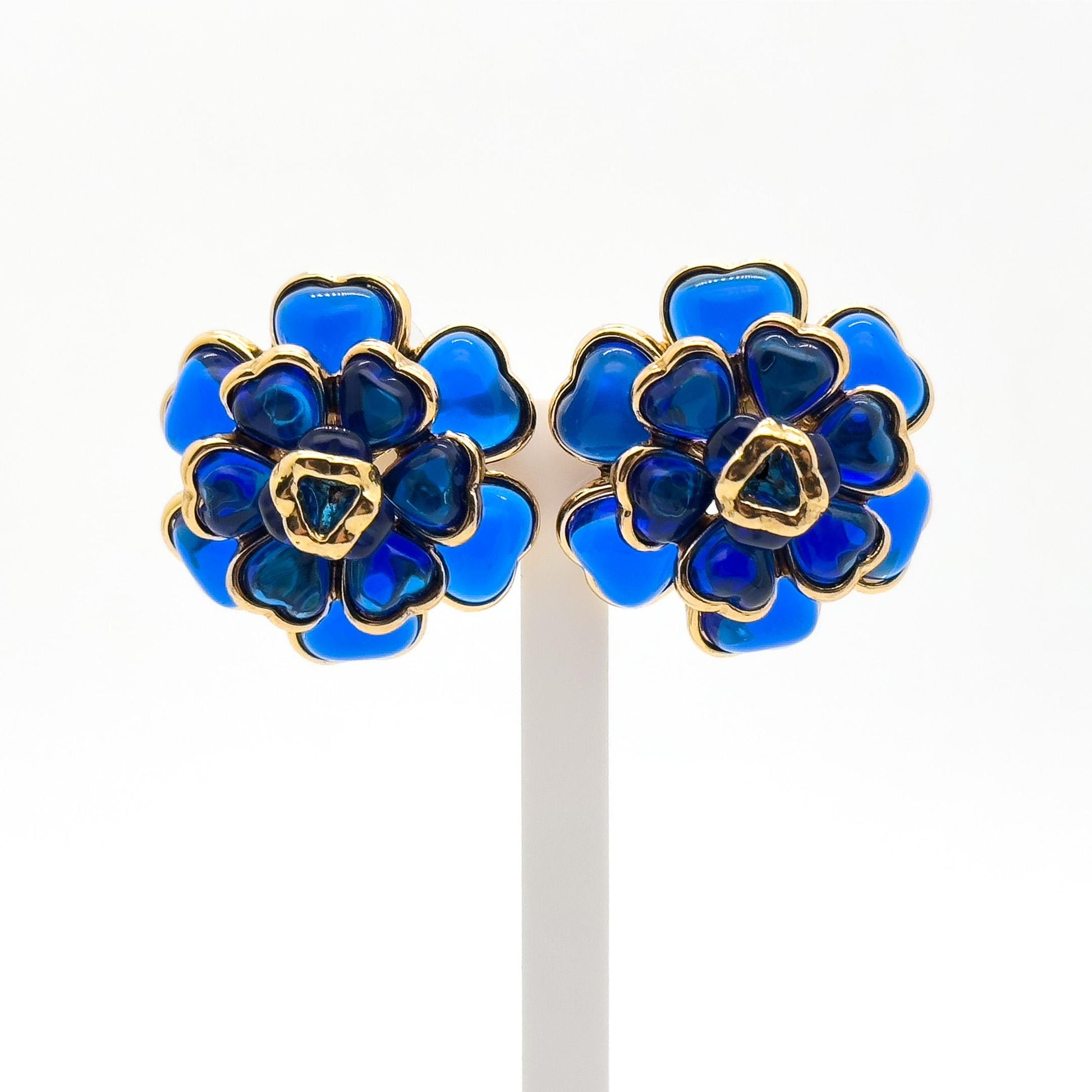 French Vintage Blue Floral Resin Stud Earrings, Gold-Plated Copper