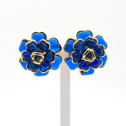 French Vintage Blue Floral Resin Stud Earrings, Gold-Plated Copper