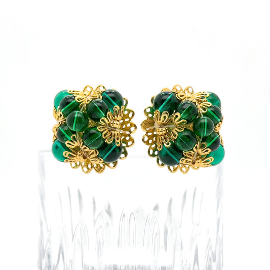 French Vintage Green Glass Clip-On Earrings Gold-Plated Copper