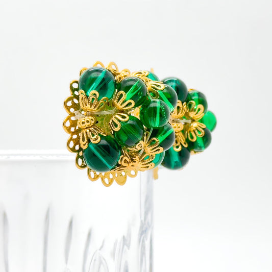 French Vintage Green Glass Clip-On Earrings Gold-Plated Copper