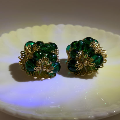 French Vintage Green Glass Clip-On Earrings Gold-Plated Copper