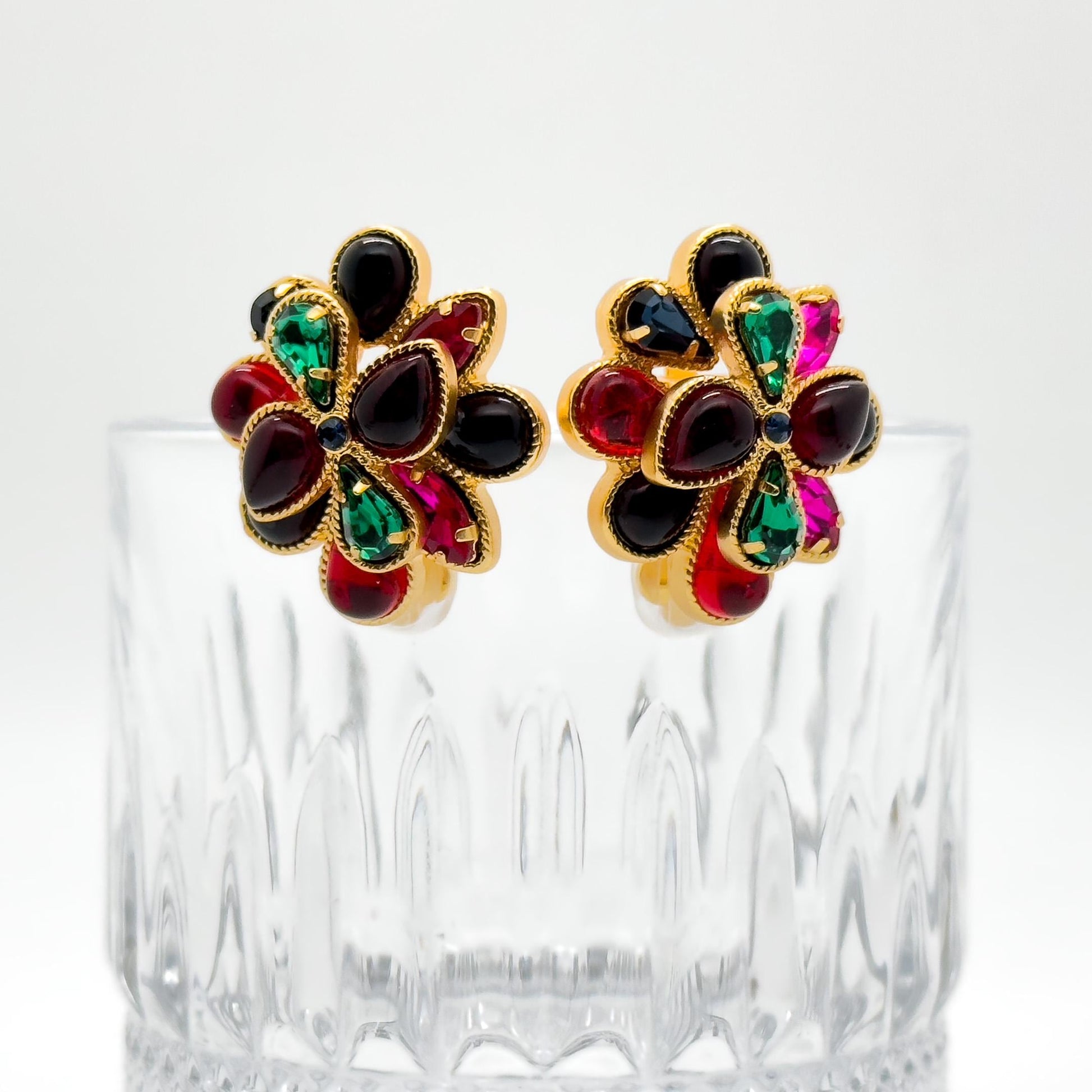 French Vintage Coloured Glass Flower Clip-On Earrings, Gold-Plated