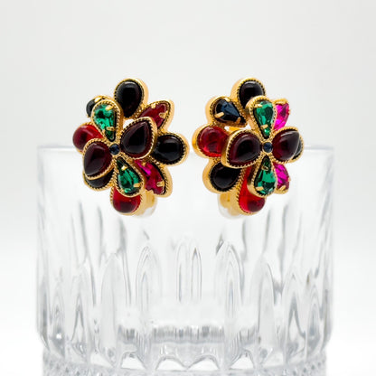 French Vintage Coloured Glass Flower Clip-On Earrings, Gold-Plated