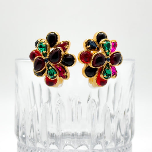 French Vintage Coloured Glass Flower Clip-On Earrings, Gold-Plated