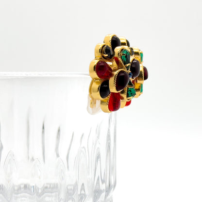 French Vintage Coloured Glass Flower Clip-On Earrings, Gold-Plated