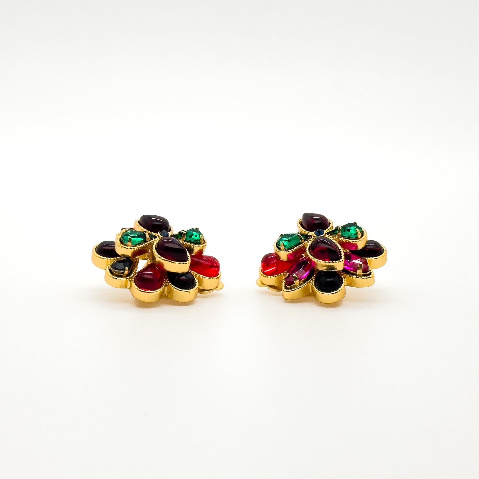 French Vintage Coloured Glass Flower Clip-On Earrings, Gold-Plated