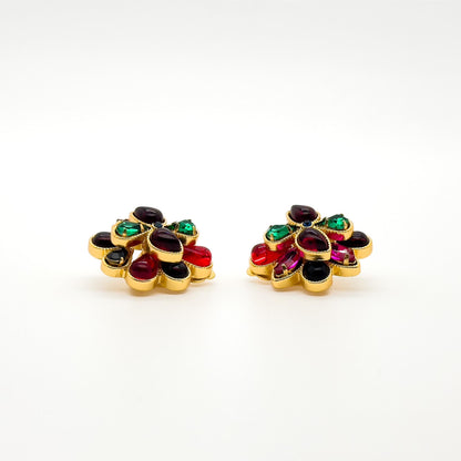 French Vintage Coloured Glass Flower Clip-On Earrings, Gold-Plated