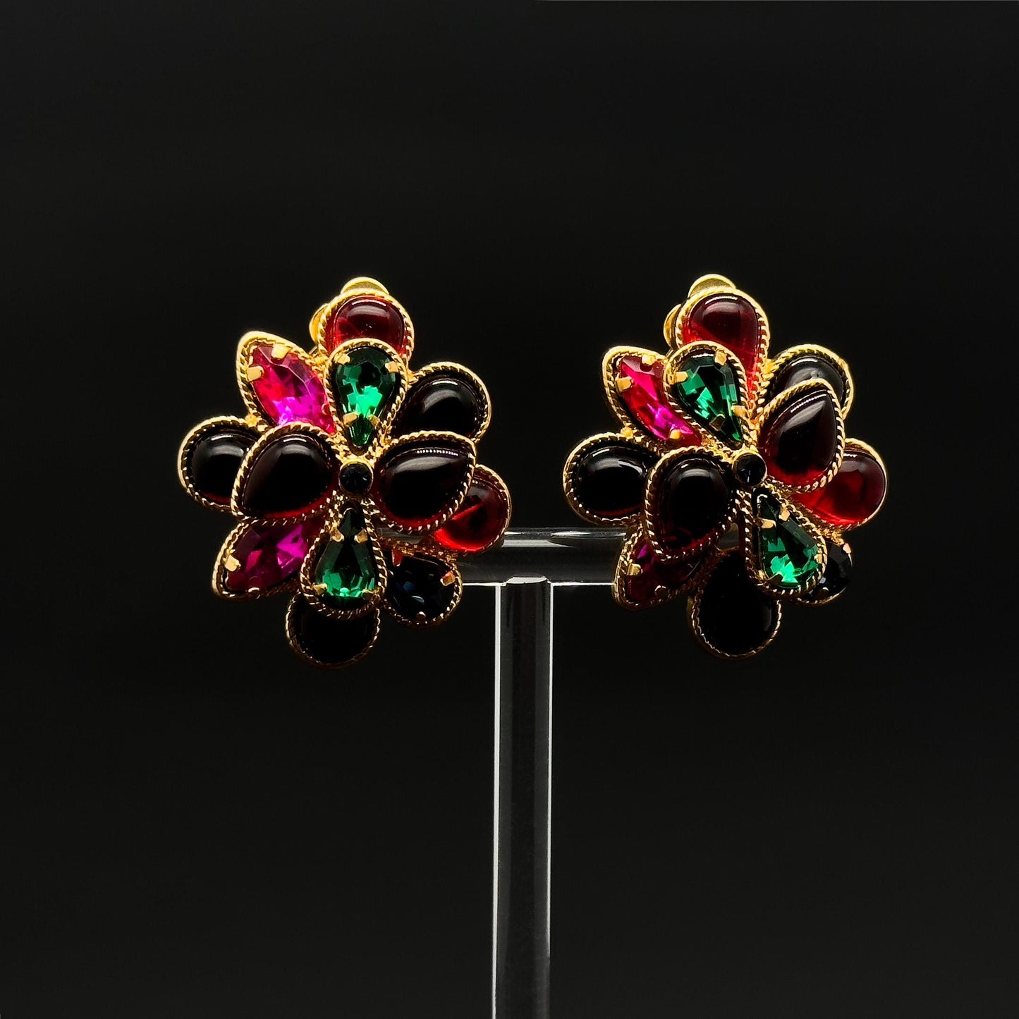 French Vintage Coloured Glass Flower Clip-On Earrings, Gold-Plated