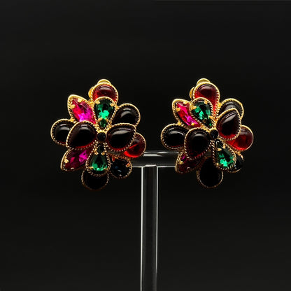 French Vintage Coloured Glass Flower Clip-On Earrings, Gold-Plated