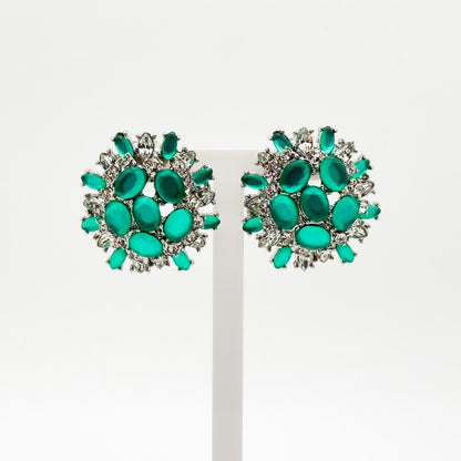 French Vintage Green Floral Stud Earrings 3D Handcrafted Gift