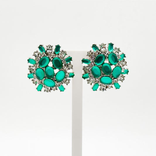 French Vintage Green Floral Stud Earrings 3D Handcrafted Gift