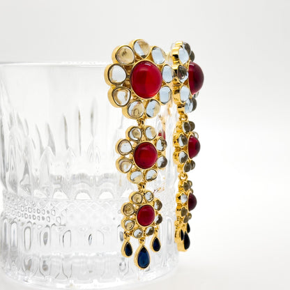 French Vintage Sunflower 3D Dangle Fringe Earrings, Gold-Plated Detail