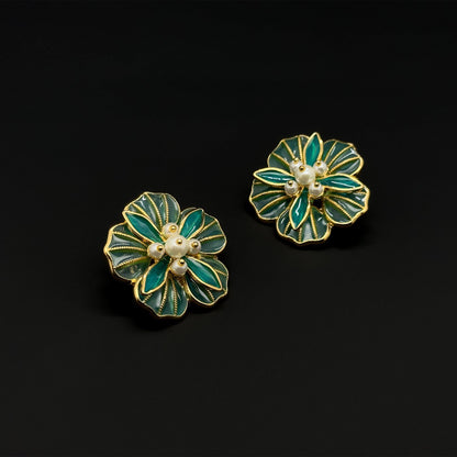 French Vintage Green Floral Stud Earrings with Pearls and Resin