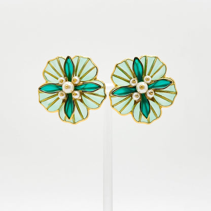 French Vintage Green Floral Stud Earrings with Pearls and Resin
