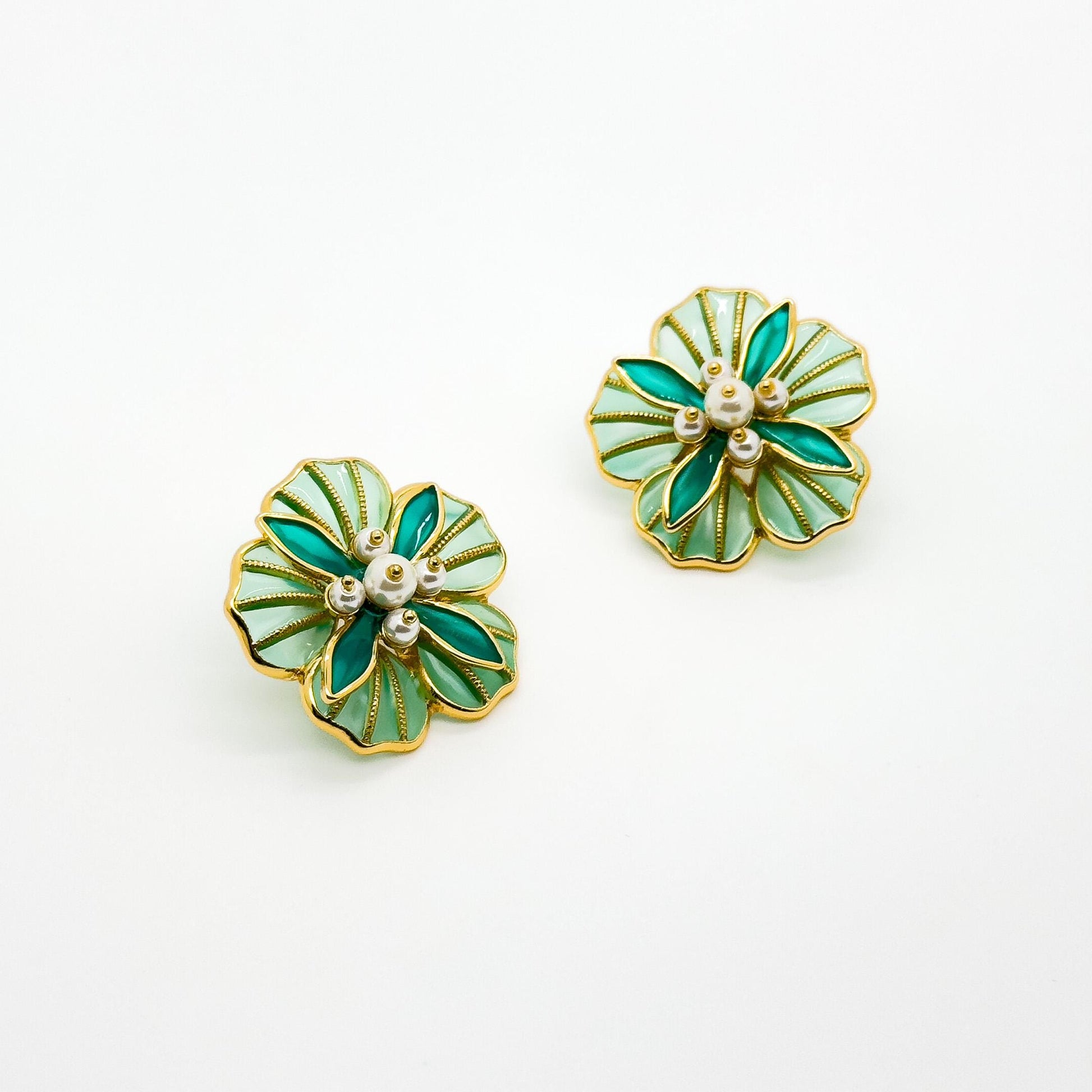 French Vintage Green Floral Stud Earrings with Pearls and Resin