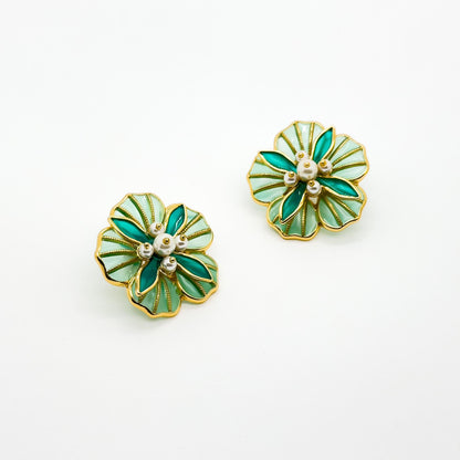 French Vintage Green Floral Stud Earrings with Pearls and Resin