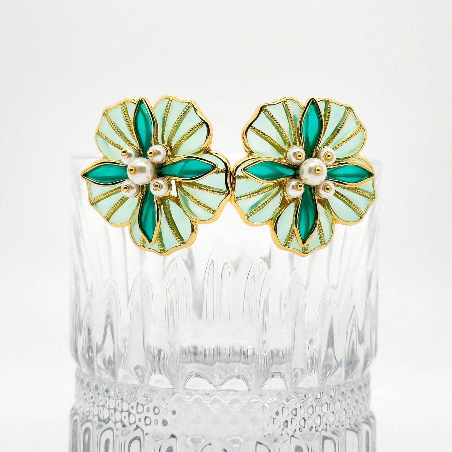 French Vintage Green Floral Stud Earrings with Pearls and Resin