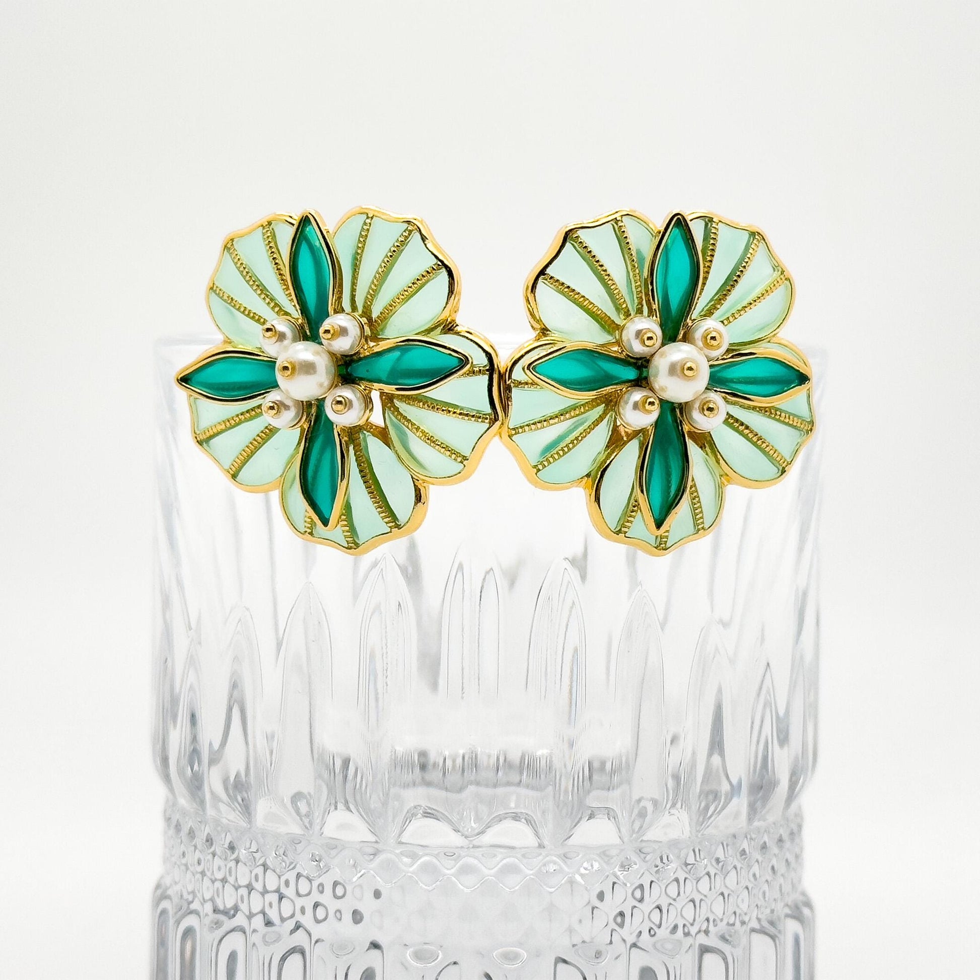French Vintage Green Floral Stud Earrings with Pearls and Resin
