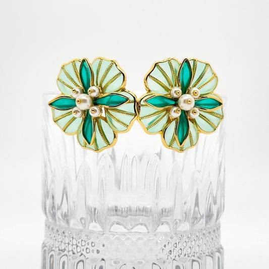 French Vintage Green Floral Stud Earrings with Pearls and Resin
