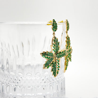Vintage Green Leaf Clip-On Earrings Art Deco Glass Gold-Plated