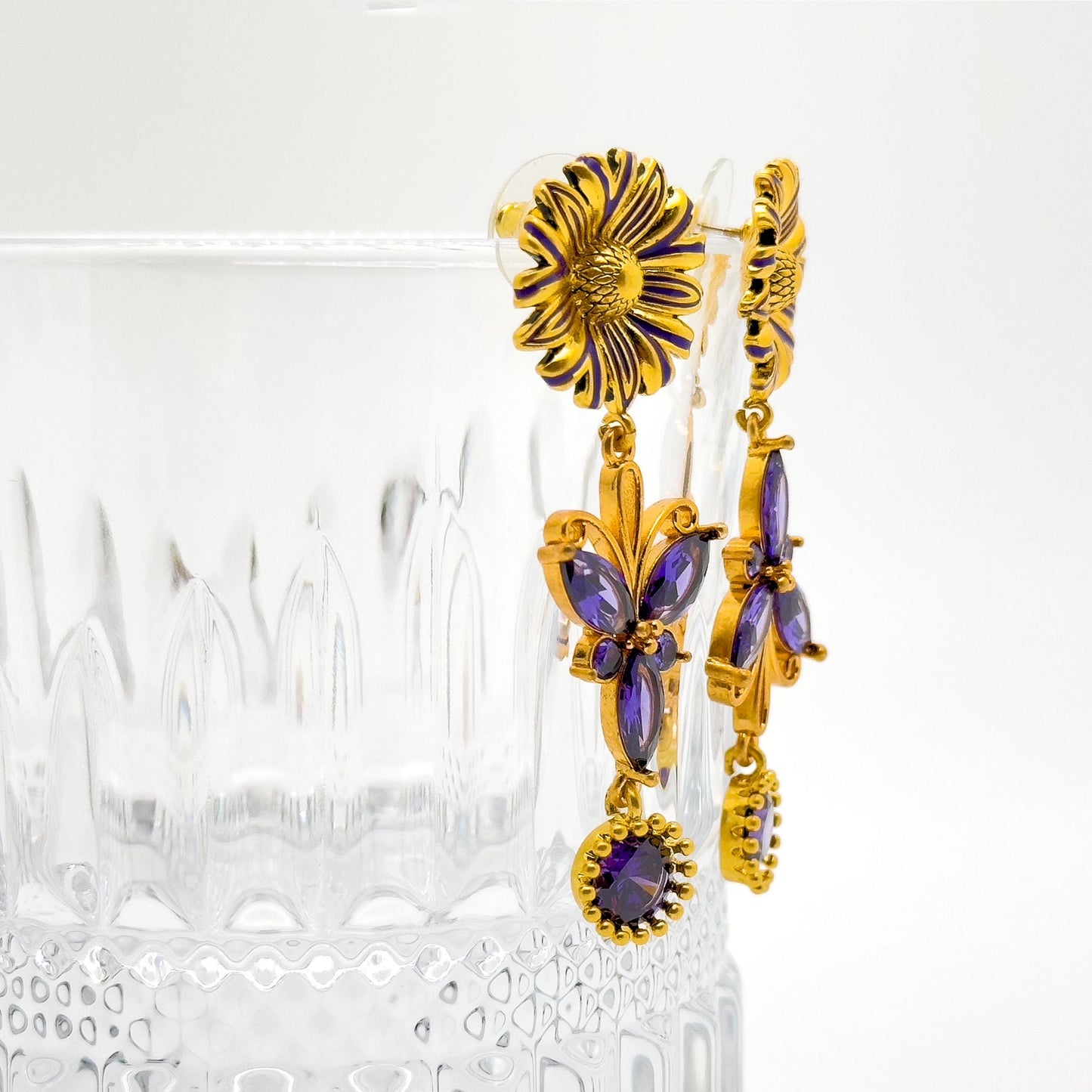 French Vintage Purple Butterfly Dangle Earrings with Crystal Flowers
