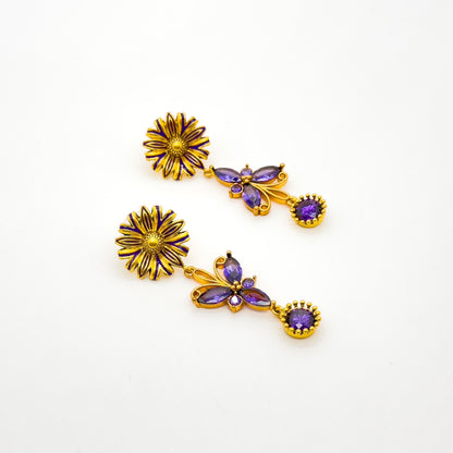French Vintage Purple Butterfly Dangle Earrings with Crystal Flowers