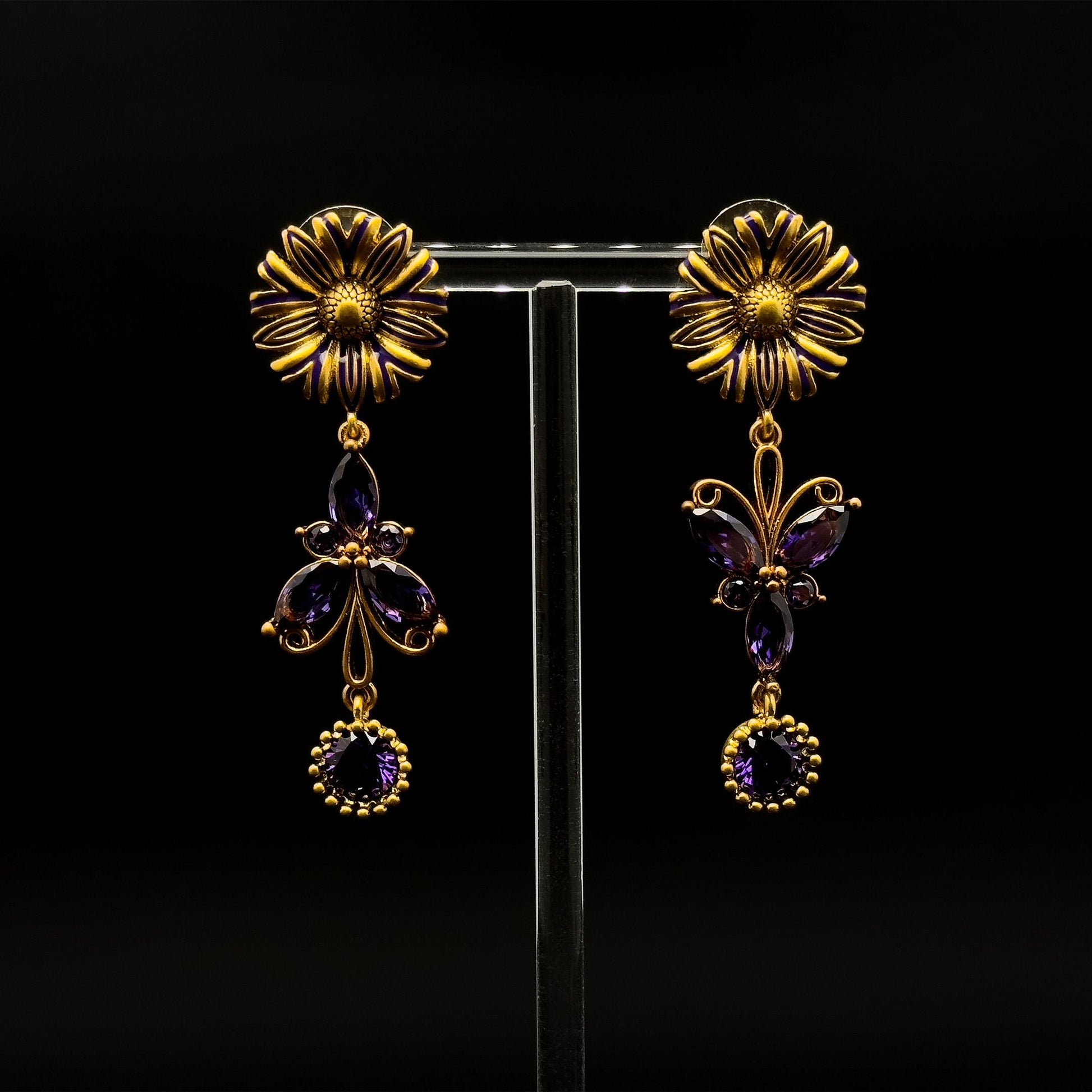 French Vintage Purple Butterfly Dangle Earrings with Crystal Flowers