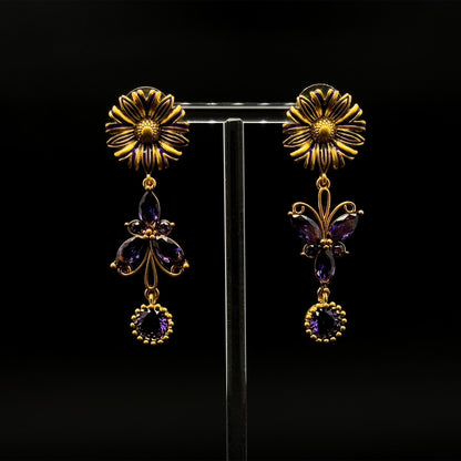 French Vintage Purple Butterfly Dangle Earrings with Crystal Flowers