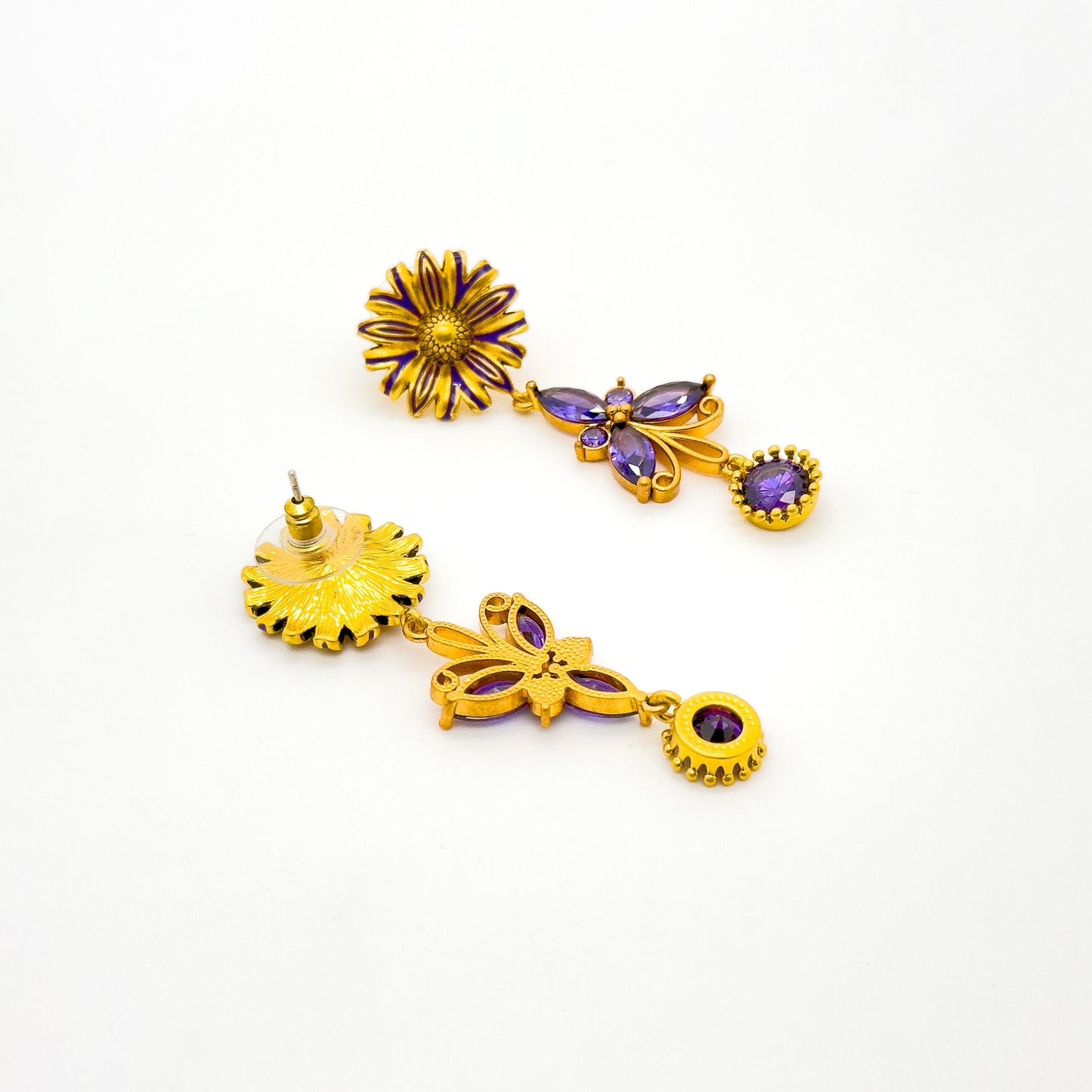 French Vintage Purple Butterfly Dangle Earrings with Crystal Flowers