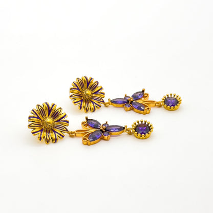 French Vintage Purple Butterfly Dangle Earrings with Crystal Flowers