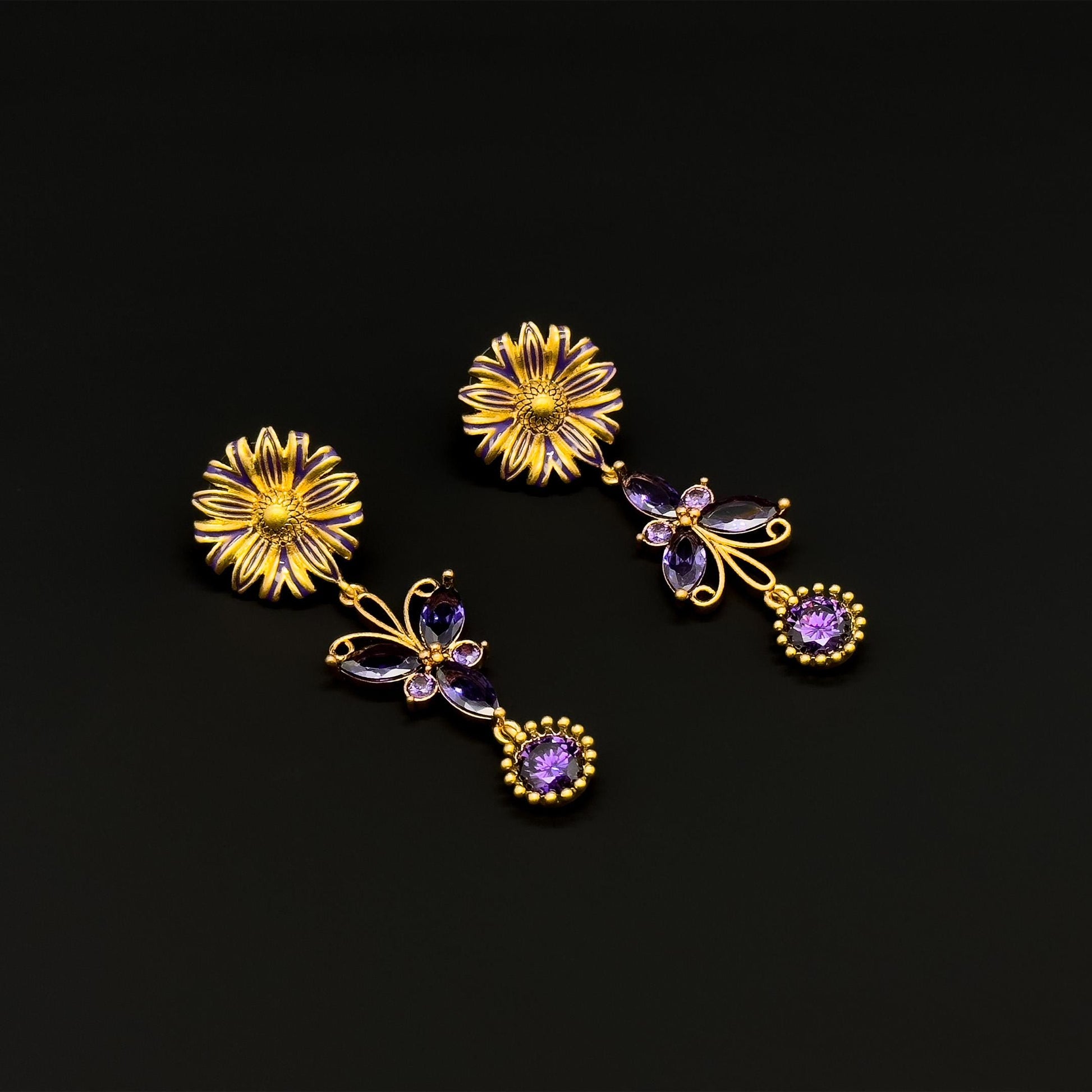 French Vintage Purple Butterfly Dangle Earrings with Crystal Flowers