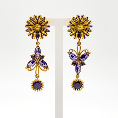 French Vintage Purple Butterfly Dangle Earrings with Crystal Flowers