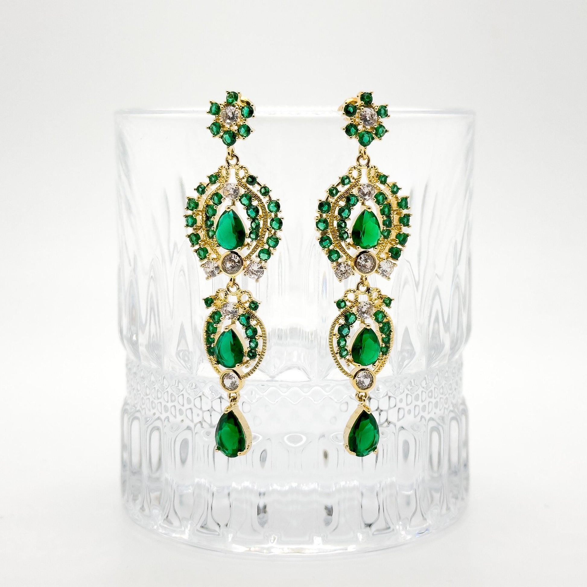 French Vintage Green Zircon Long Tassel Earrings, Gold-Plated Art Deco