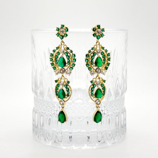 French Vintage Green Zircon Long Tassel Earrings, Gold-Plated Art Deco