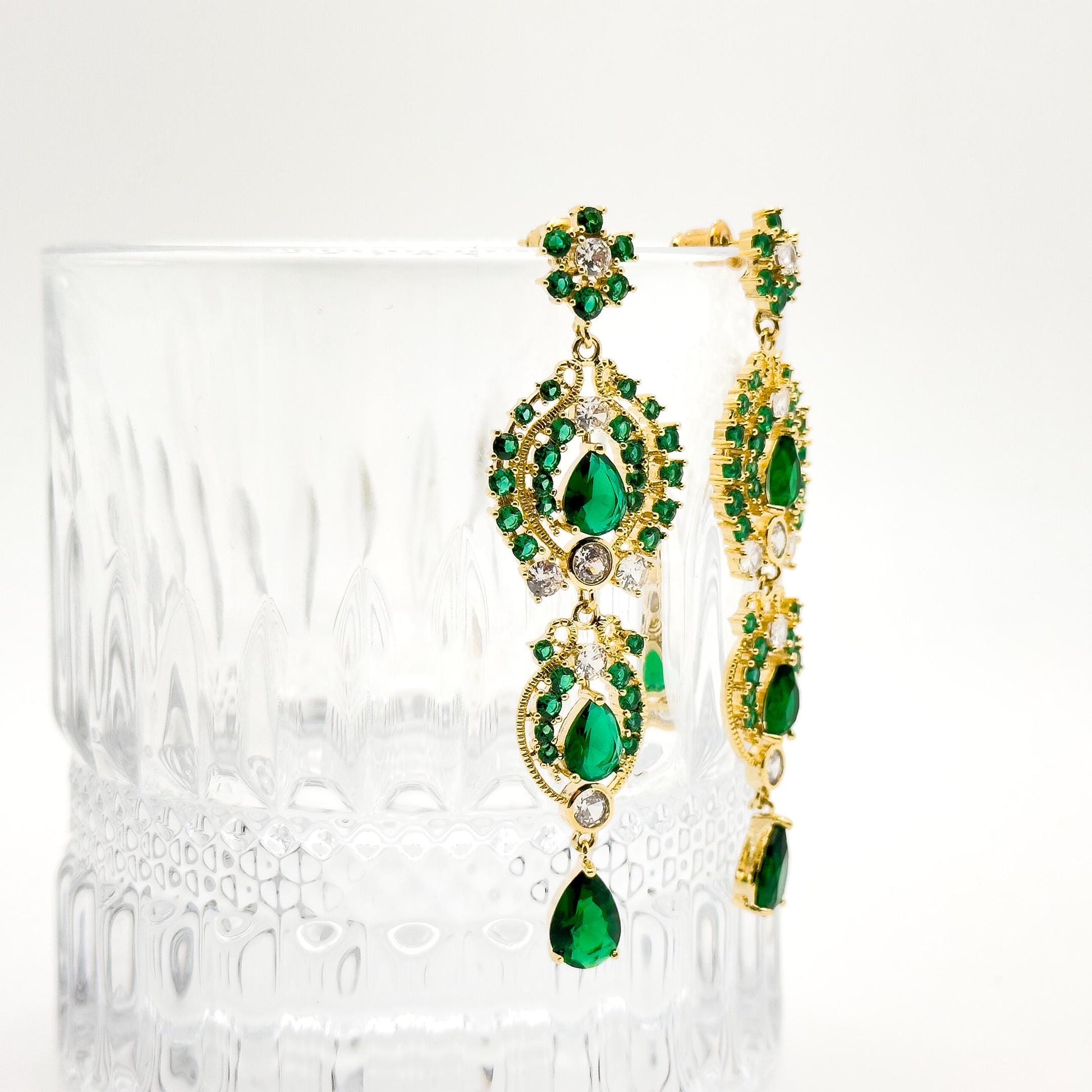 French Vintage Green Zircon Long Tassel Earrings, Gold-Plated Art Deco