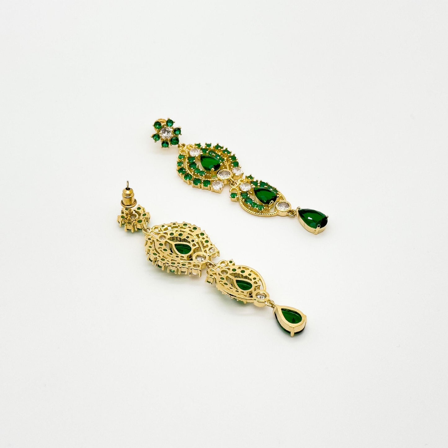 French Vintage Green Zircon Long Tassel Earrings, Gold-Plated Art Deco
