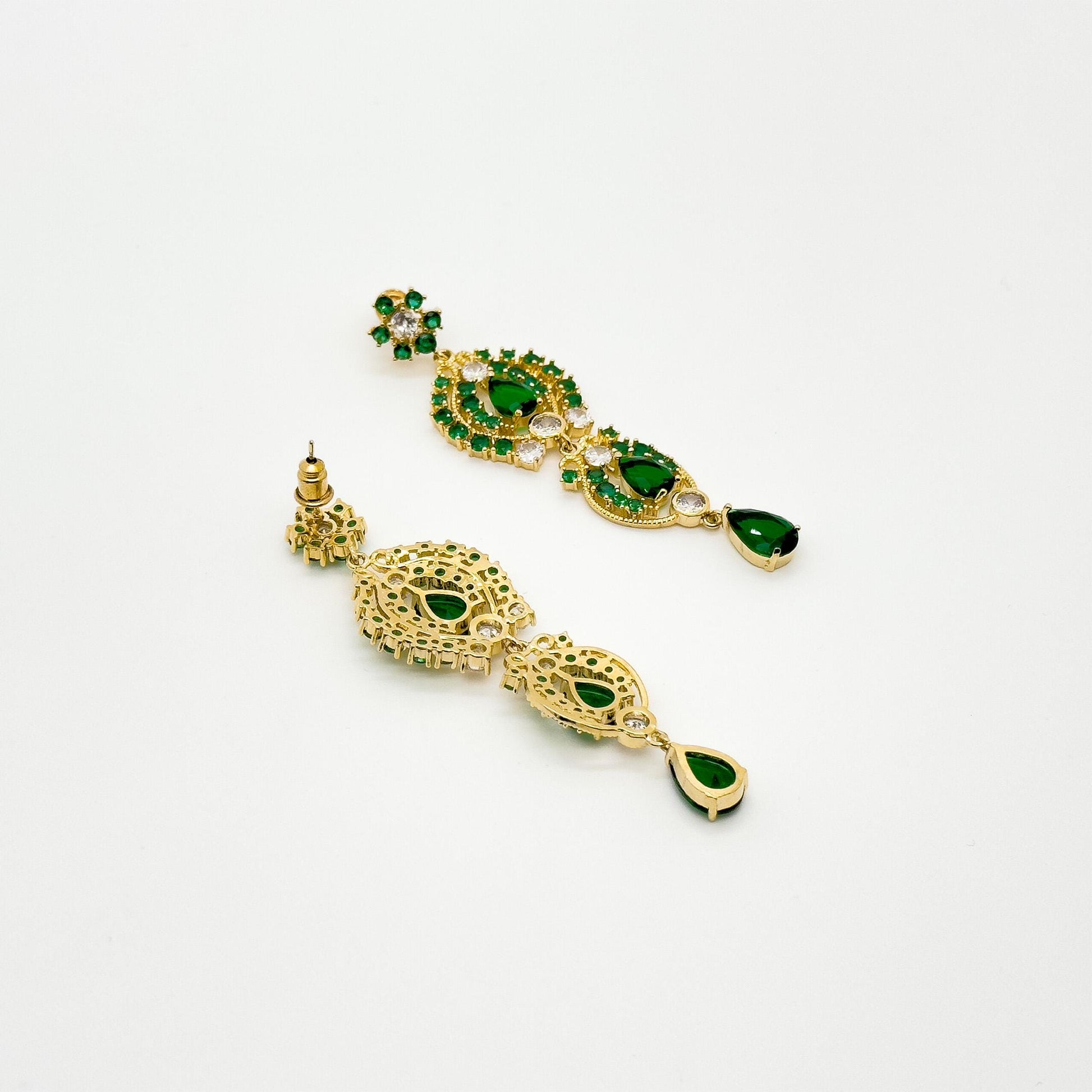 French Vintage Green Zircon Long Tassel Earrings, Gold-Plated Art Deco
