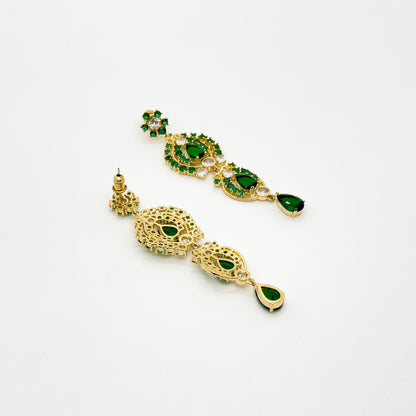 French Vintage Green Zircon Long Tassel Earrings, Gold-Plated Art Deco