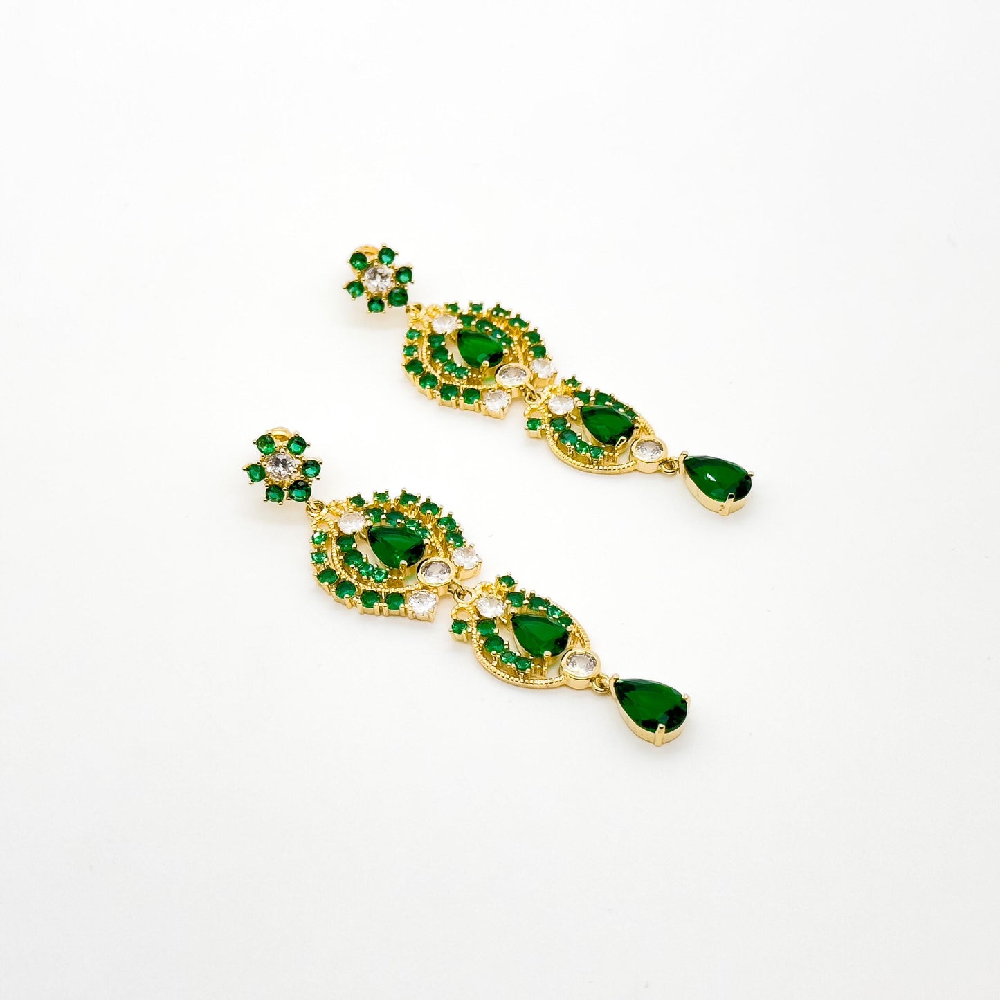 French Vintage Green Zircon Long Tassel Earrings, Gold-Plated Art Deco