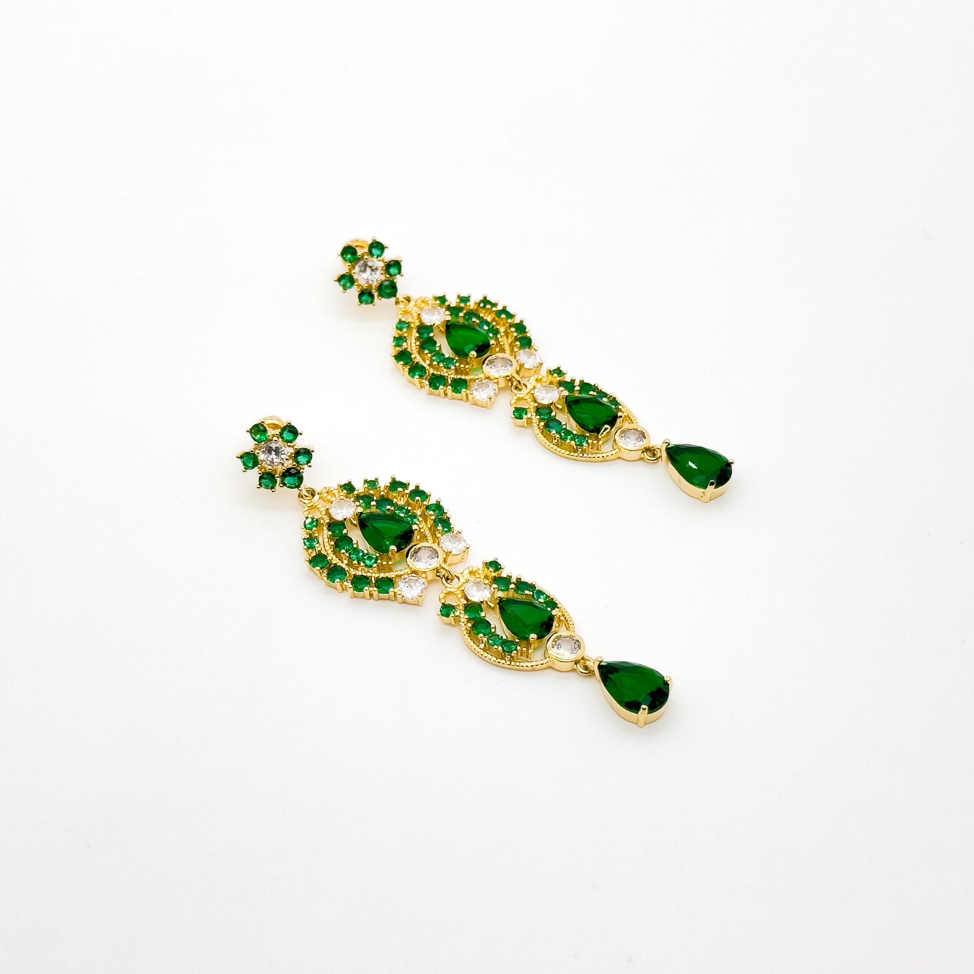 French Vintage Green Zircon Long Tassel Earrings, Gold-Plated Art Deco