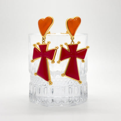 Gold-Plated Heart Drop Earrings with Cross Accent, Gift Boxed