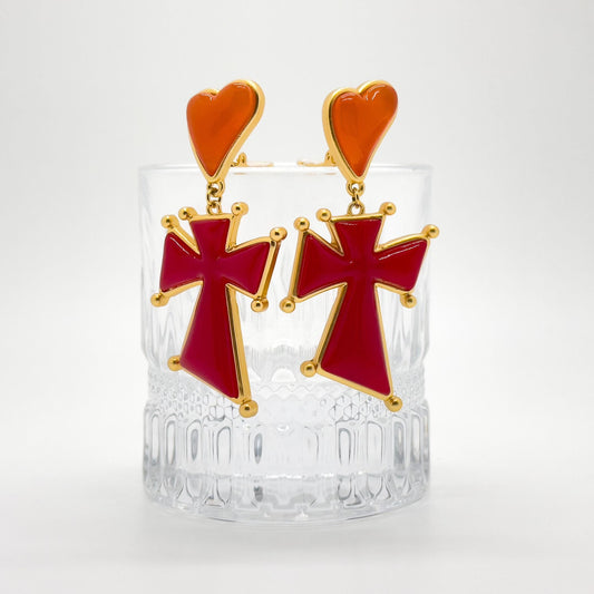 Gold-Plated Heart Drop Earrings with Cross Accent, Gift Boxed