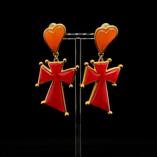 Gold-Plated Heart Drop Earrings with Cross Accent, Gift Boxed