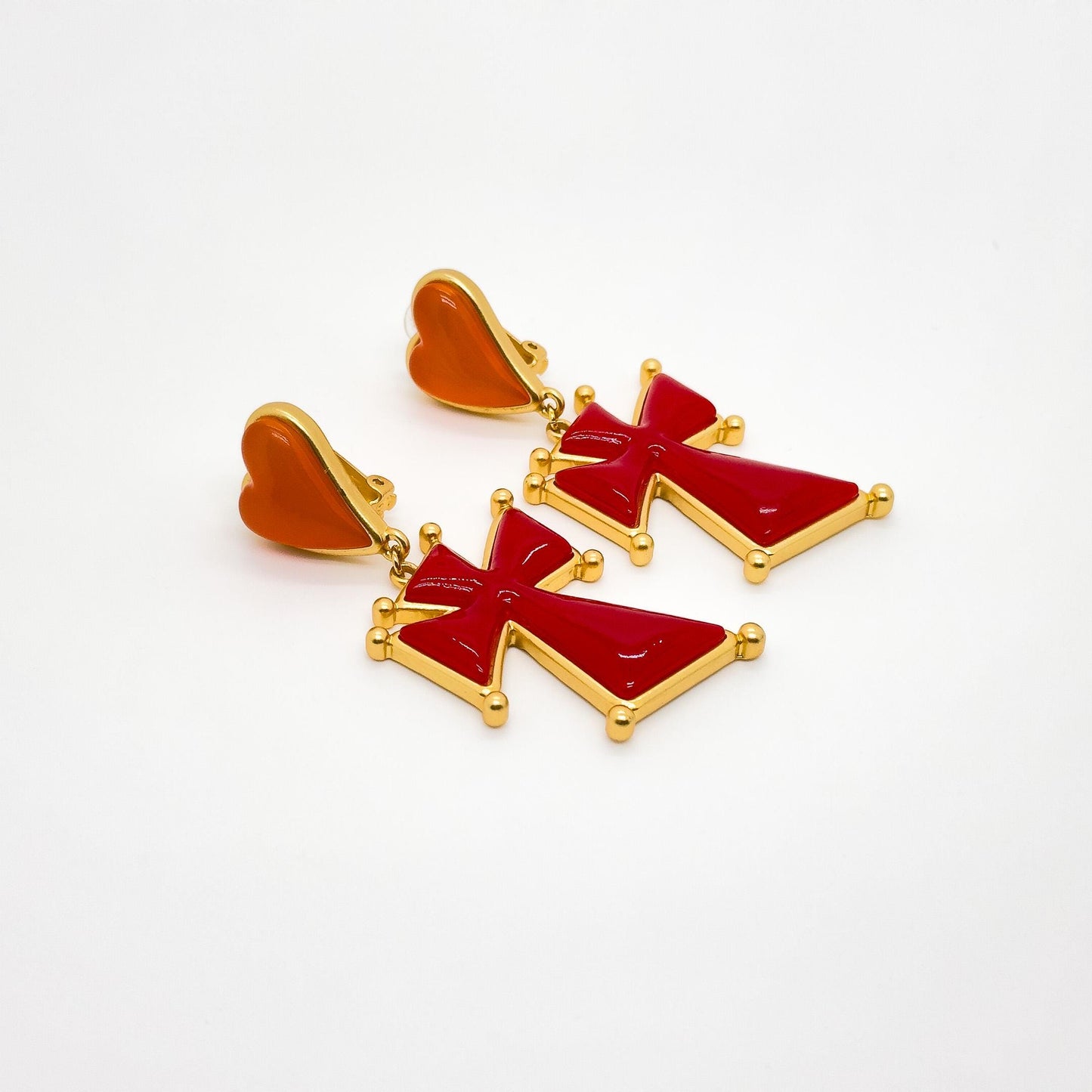 Gold-Plated Heart Drop Earrings with Cross Accent, Gift Boxed