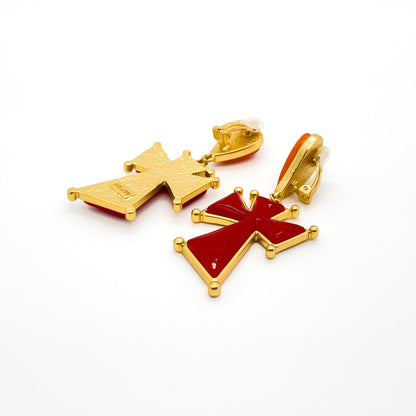 Gold-Plated Heart Drop Earrings with Cross Accent, Gift Boxed