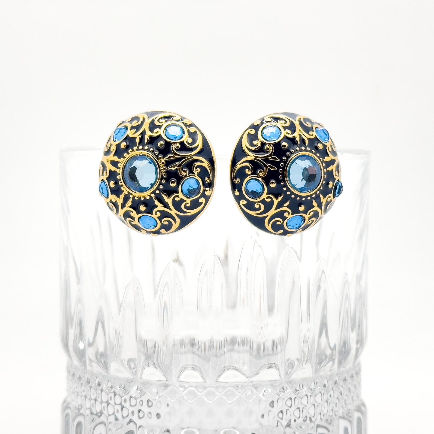 Vintage Court Style Blue Enamel Gemstone Stud Earrings Gold-Plated Copper